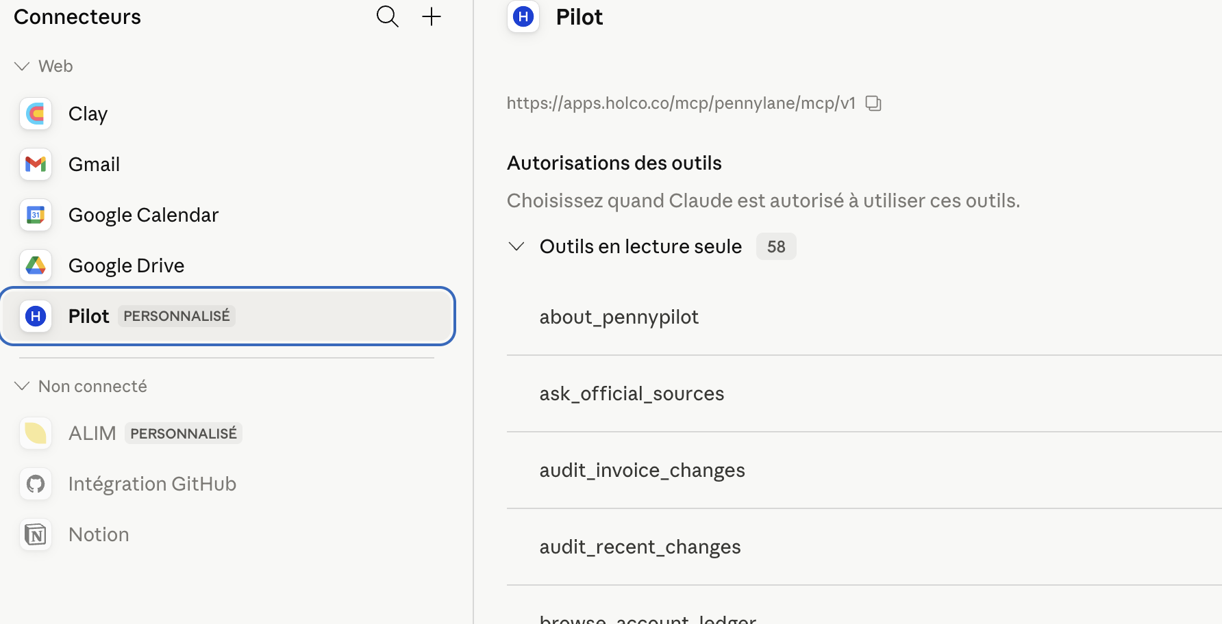 Connecteur Pilot connecté dans Claude : URL apps.holco.co et 58 outils HOLCO en lecture seule